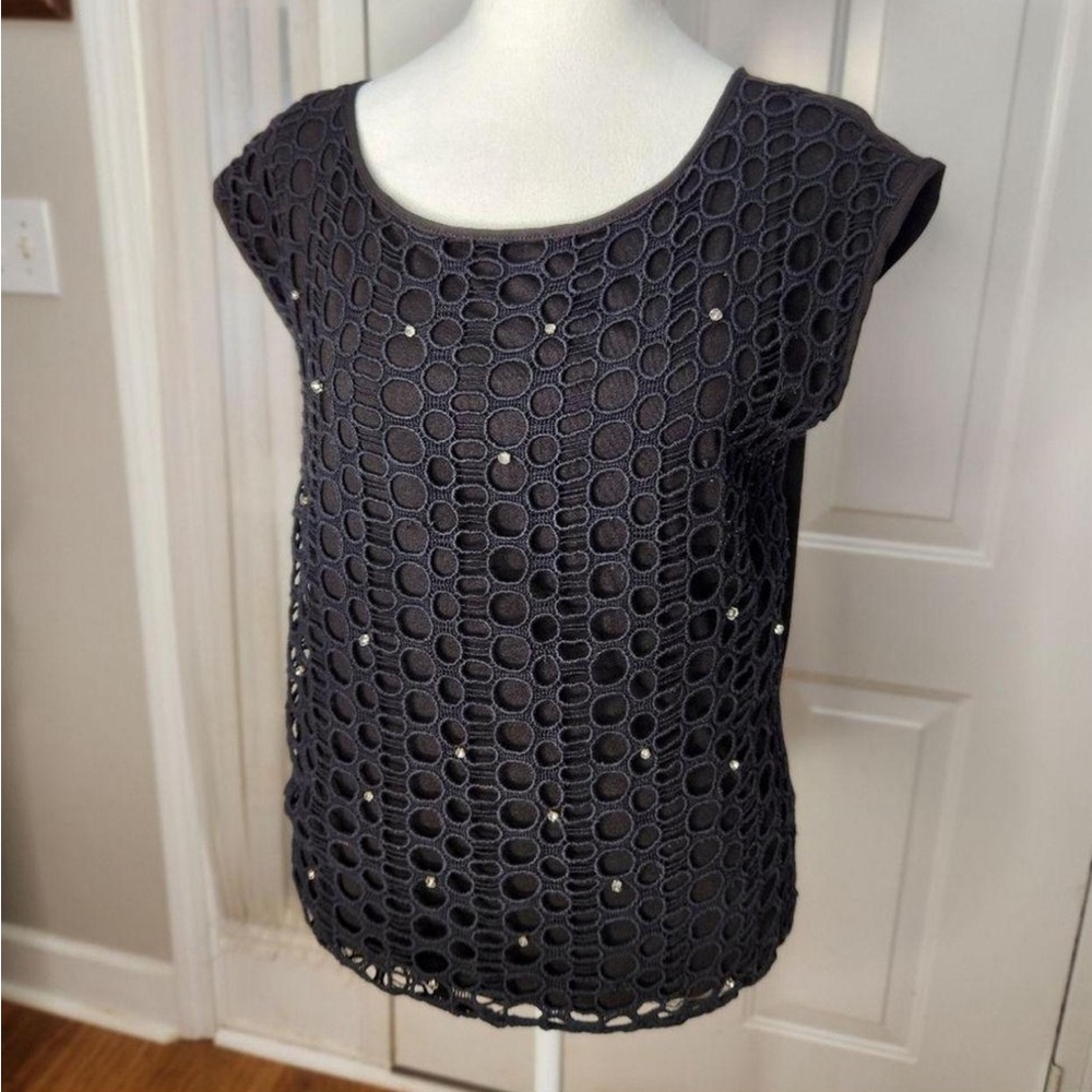 NWT Ann Taylor Black Eyelet Knit Top with "Rhinestones" Size Small Petite